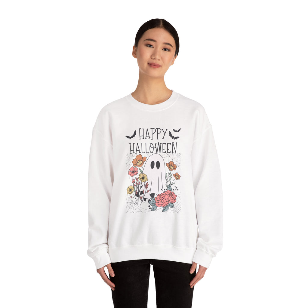 Halloween Ghost Sweatshirt, Cozy Fall Apparel, Unisex Crewneck for Halloween, Holiday Casual Wear, Perfect for Trick or Treating