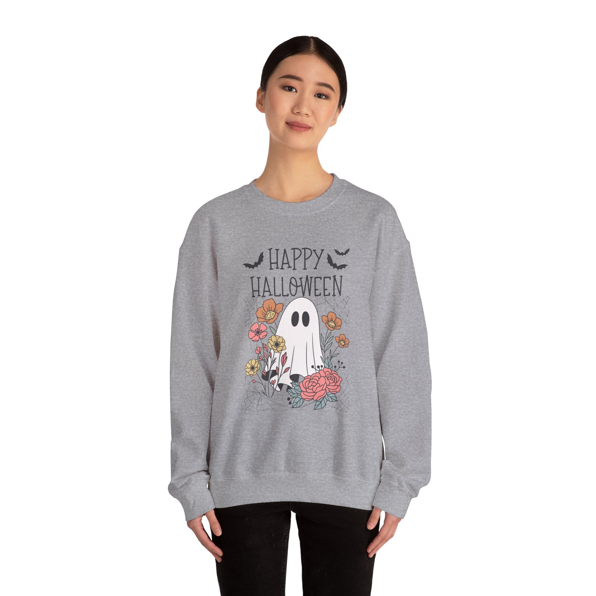 Halloween Ghost Sweatshirt, Cozy Fall Apparel, Unisex Crewneck for Halloween, Holiday Casual Wear, Perfect for Trick or Treating