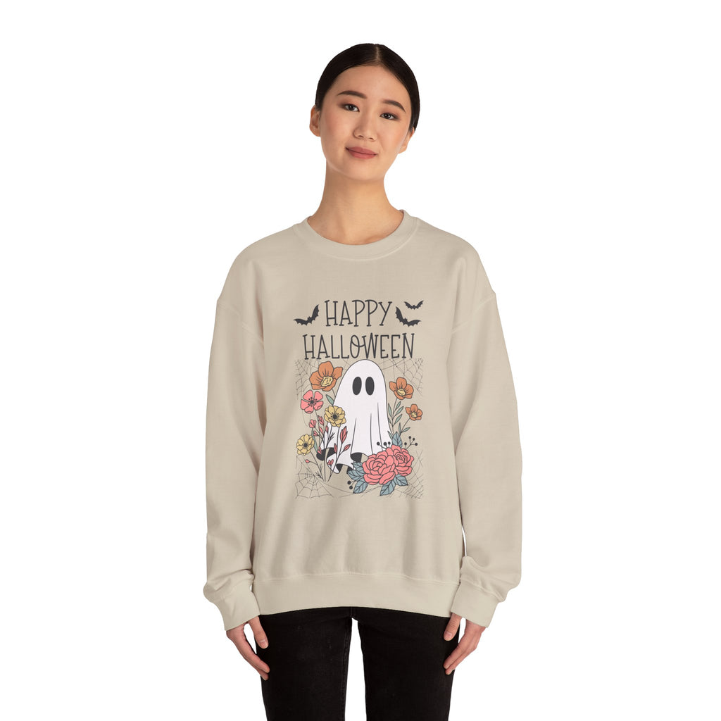 Halloween Ghost Sweatshirt, Cozy Fall Apparel, Unisex Crewneck for Halloween, Holiday Casual Wear, Perfect for Trick or Treating
