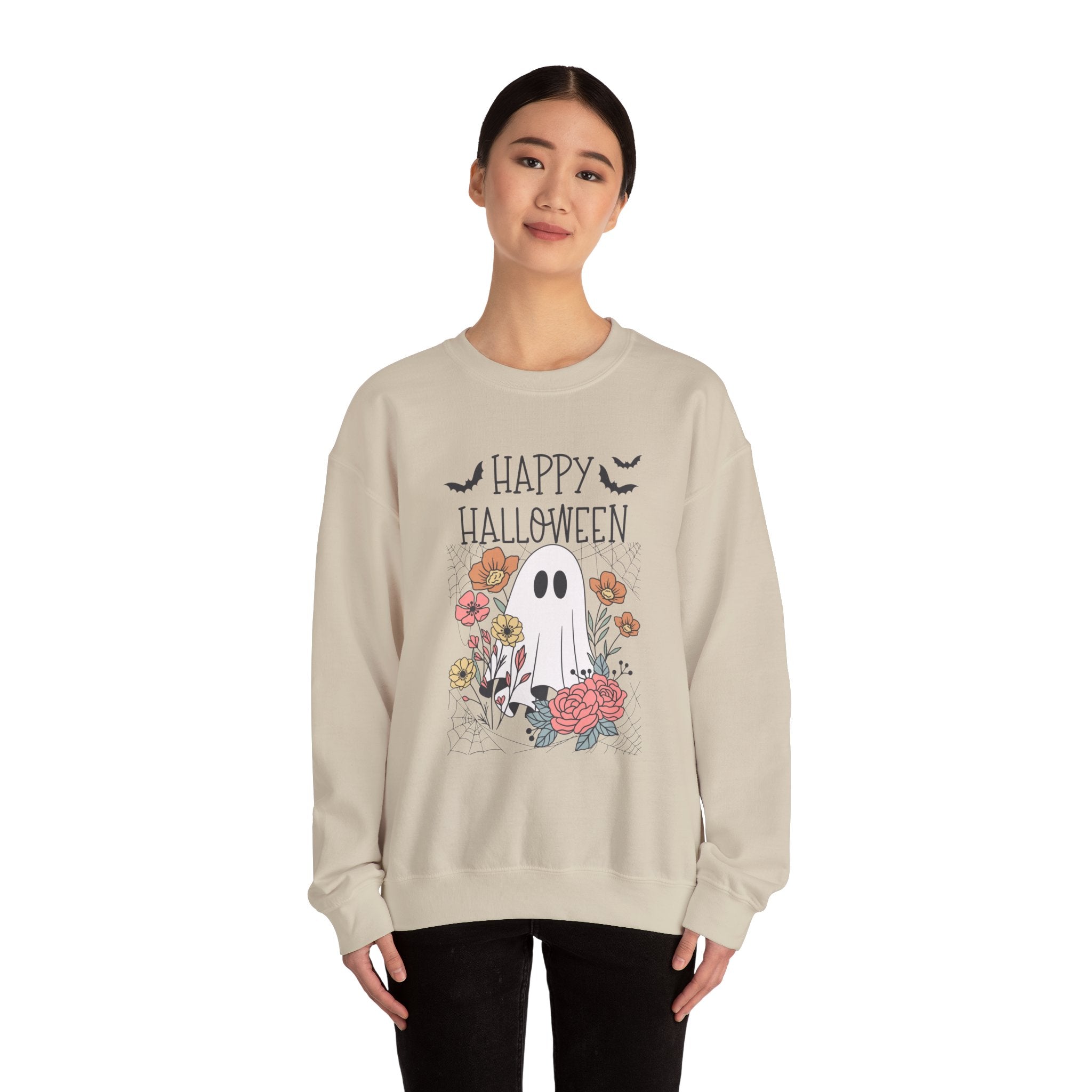 Halloween Ghost Sweatshirt, Cozy Fall Apparel, Unisex Crewneck for Halloween, Holiday Casual Wear, Perfect for Trick or Treating